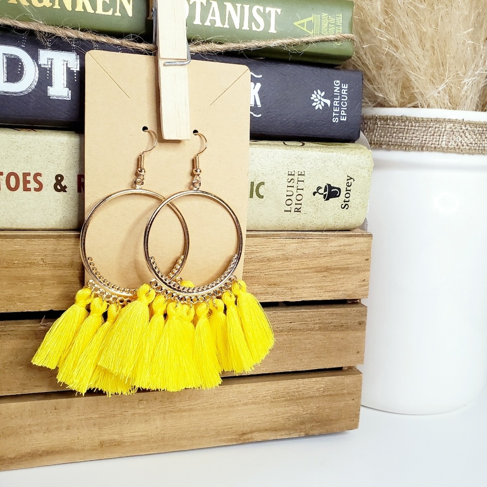 NWT Yellow Bohemian Cotton Tassle Hoop Earrings